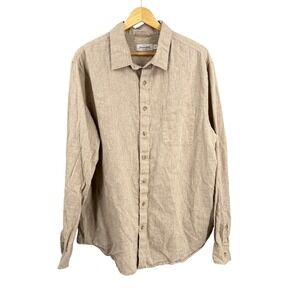 Dressmann Mens XL Linen Blend Button Down Shirt Beige Tan Long Sleeve Pocket